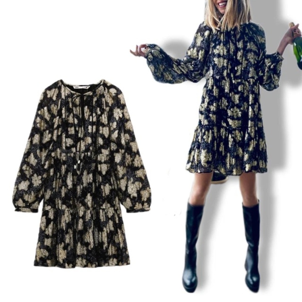 Brand New! Zara long sleeve mini black and gold shimmer party dress size M